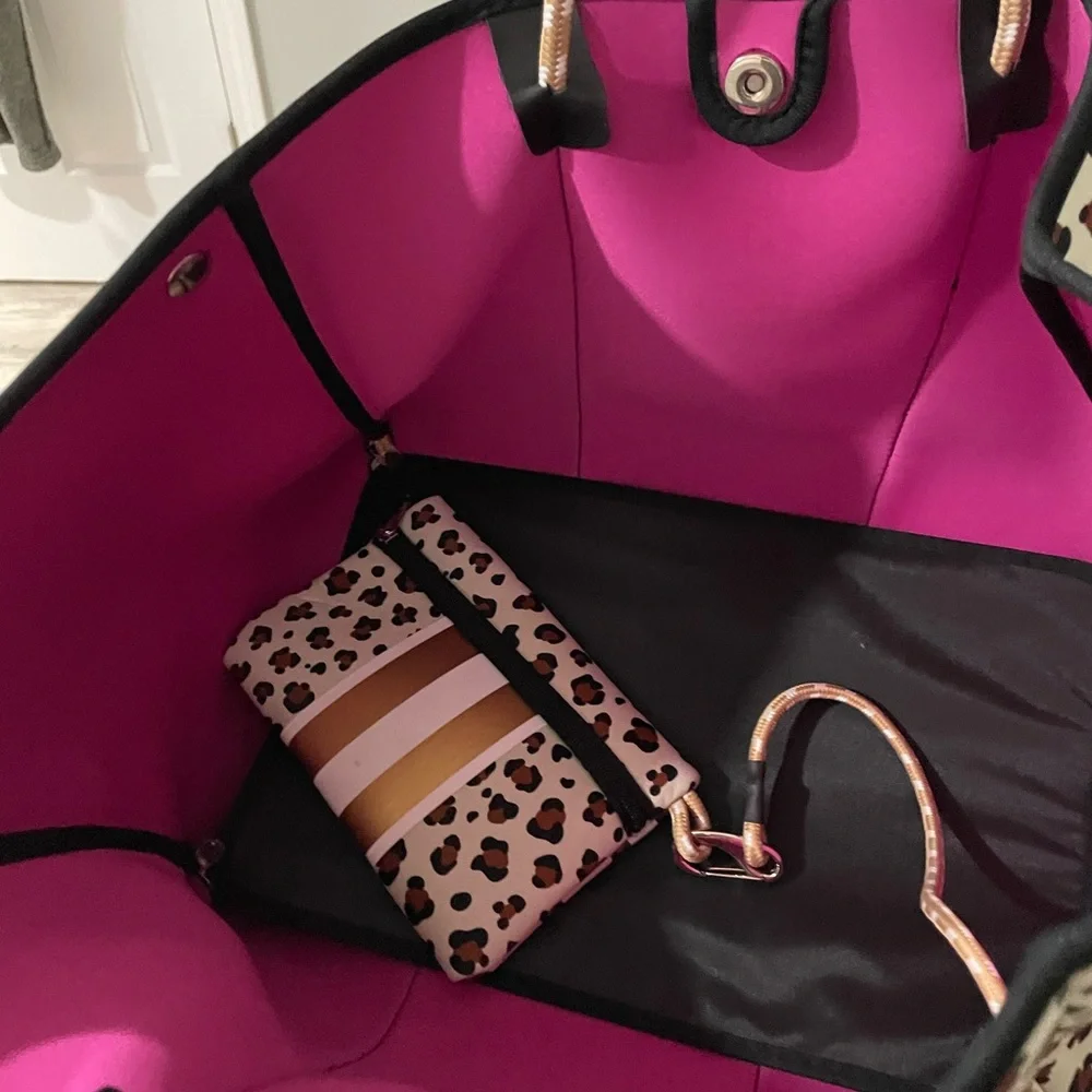 Neoprene Leopard Tote Bag with Gold Accents and wristlet - Picture 2 of 4